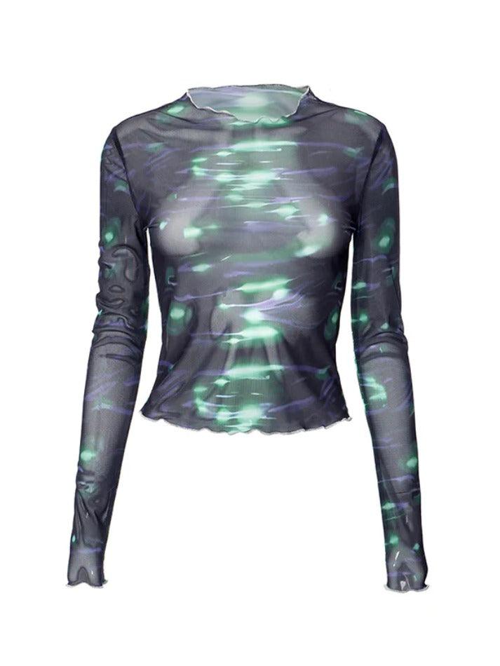 Water Ripple Print Crew Neck Mesh Long Sleeve Tee - AnotherChill