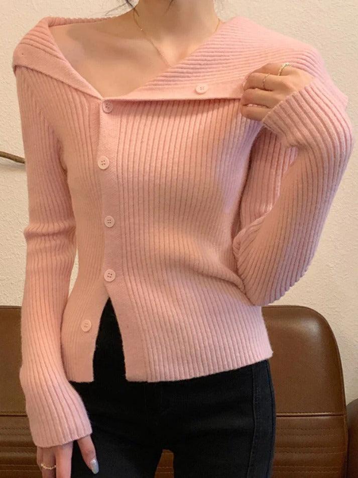 Solid Irregular Lapel Neck Off Shoulder Long Sleeve Knit - AnotherChill