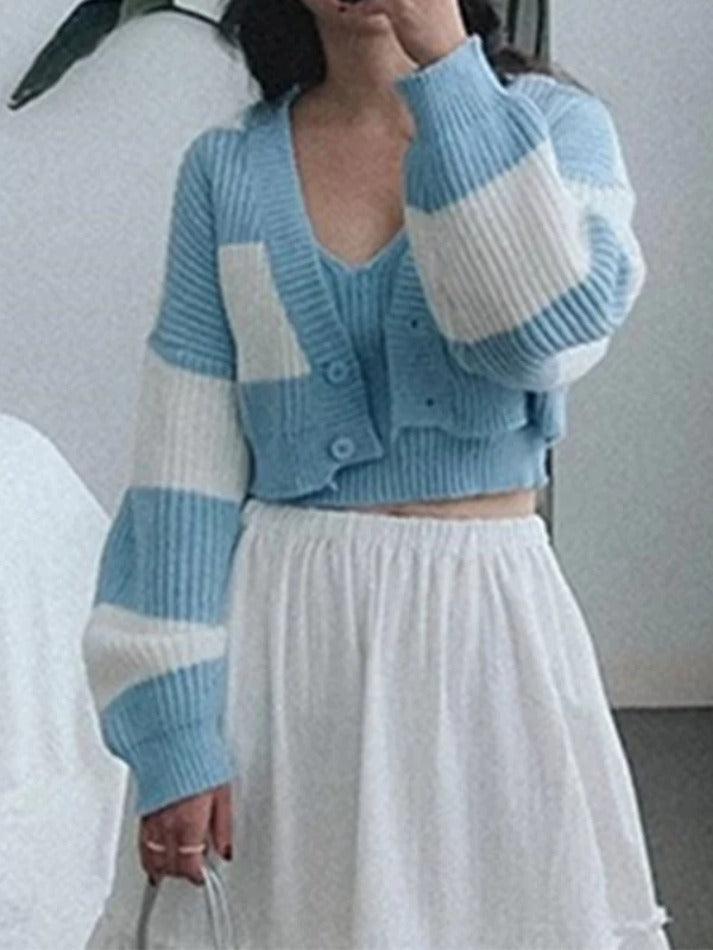 Stripe Splice Short Knit Cardigan - AnotherChill