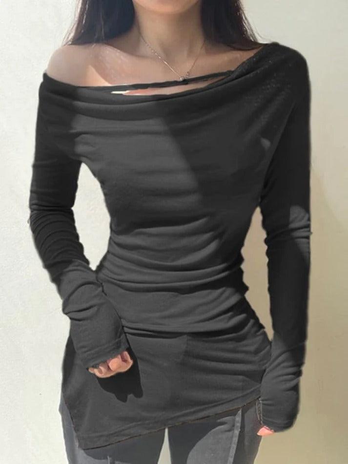 Solid Off Shoulder Irregular Slit Hem Long Sleeve Tee - AnotherChill