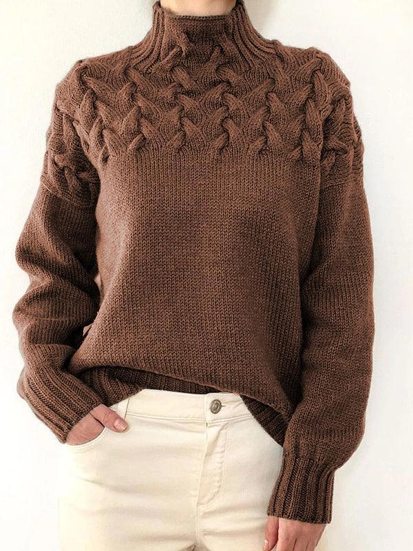 Solid Cable Knit Splice Turtleneck Sweater - AnotherChill