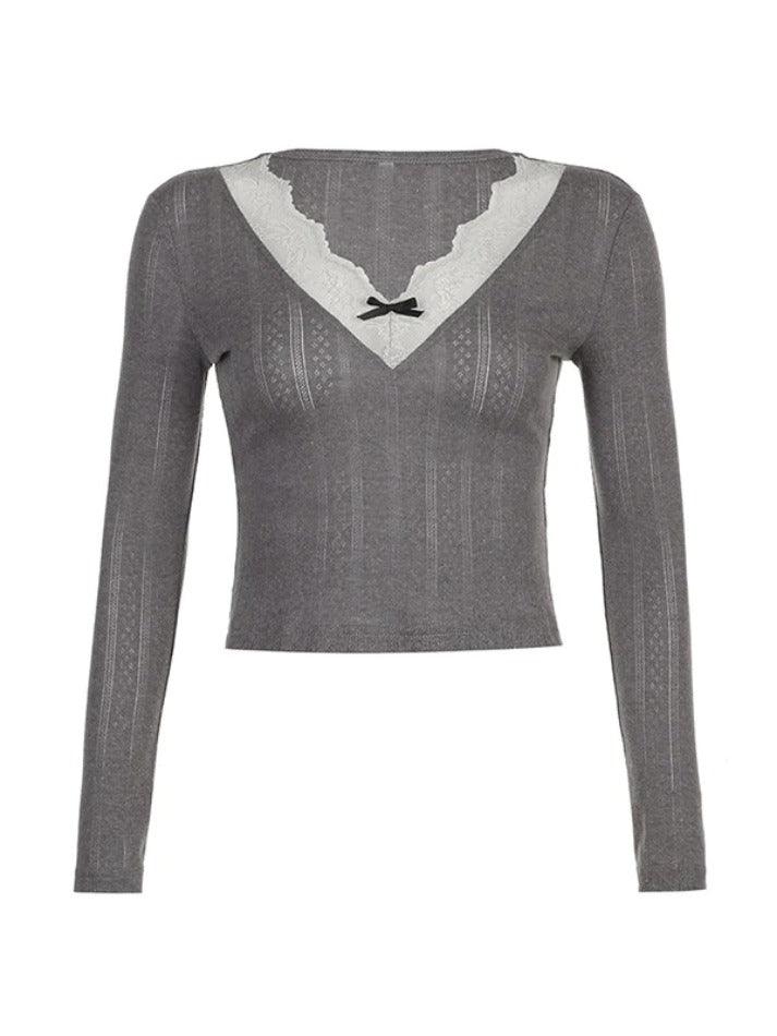 Lace Trim Splice V Neck Long Sleeve Knit - AnotherChill