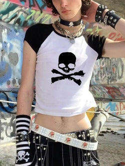 Raglan Sleeve Skull Crop Top - AnotherChill