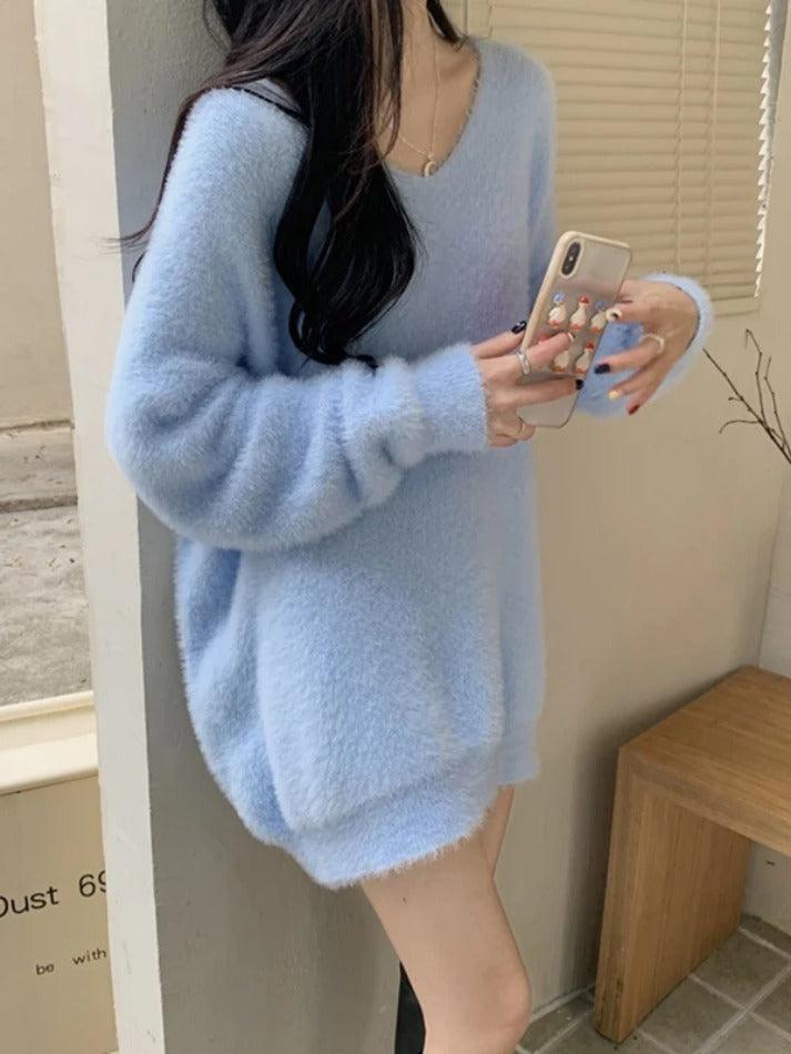 Solid V Neck Fuzzy Loose Sweater - AnotherChill