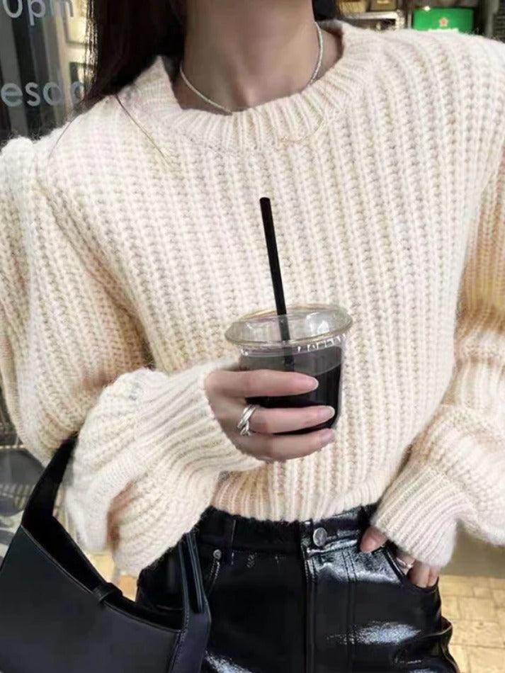 Solid Lantern Sleeve Short Knit Sweater - AnotherChill