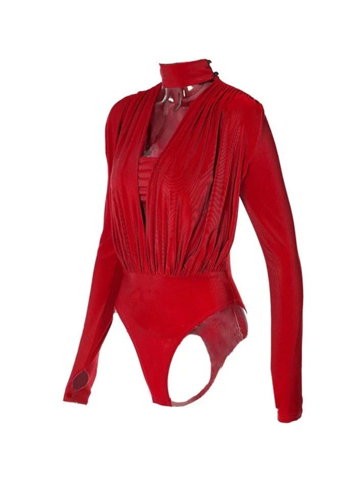 Solid Plunge Neck Splice Thumb Hole Bodysuits - AnotherChill