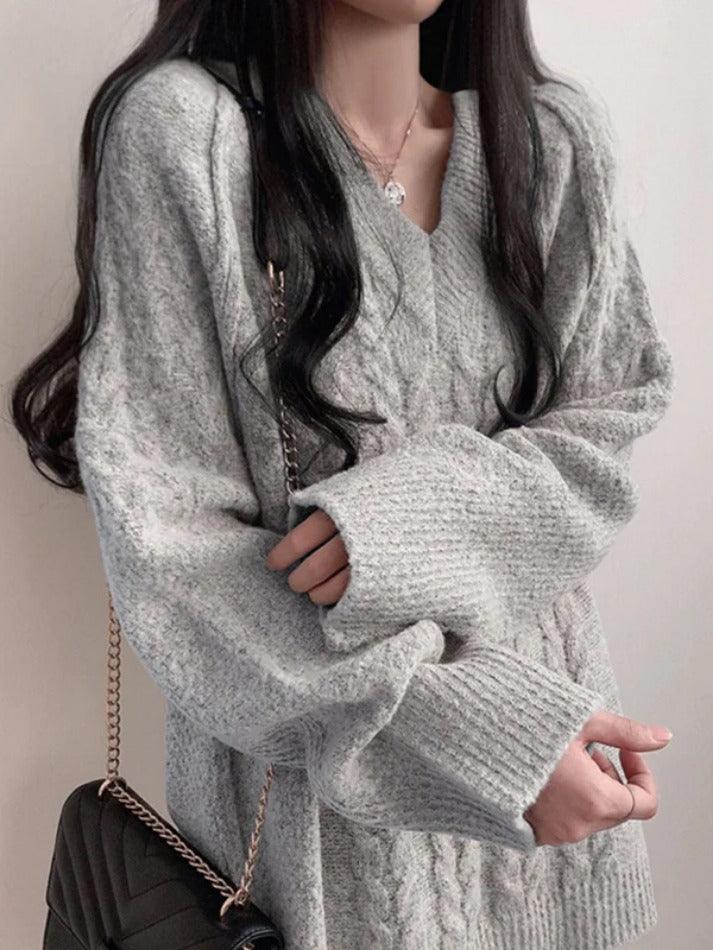 Solid Color V Neck Cable Knit Sweater - AnotherChill