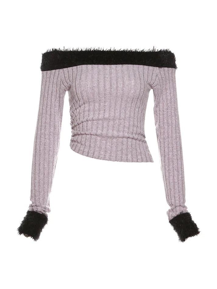 Fuzzy Trim Off Shoulder Cropped Long Sleeve Knit - AnotherChill