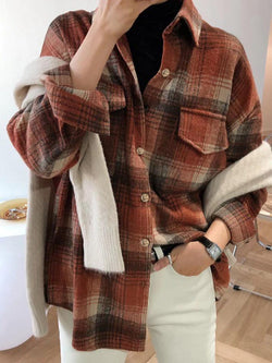 Vintage Plaid Brushed Long Sleeve Blouse - AnotherChill