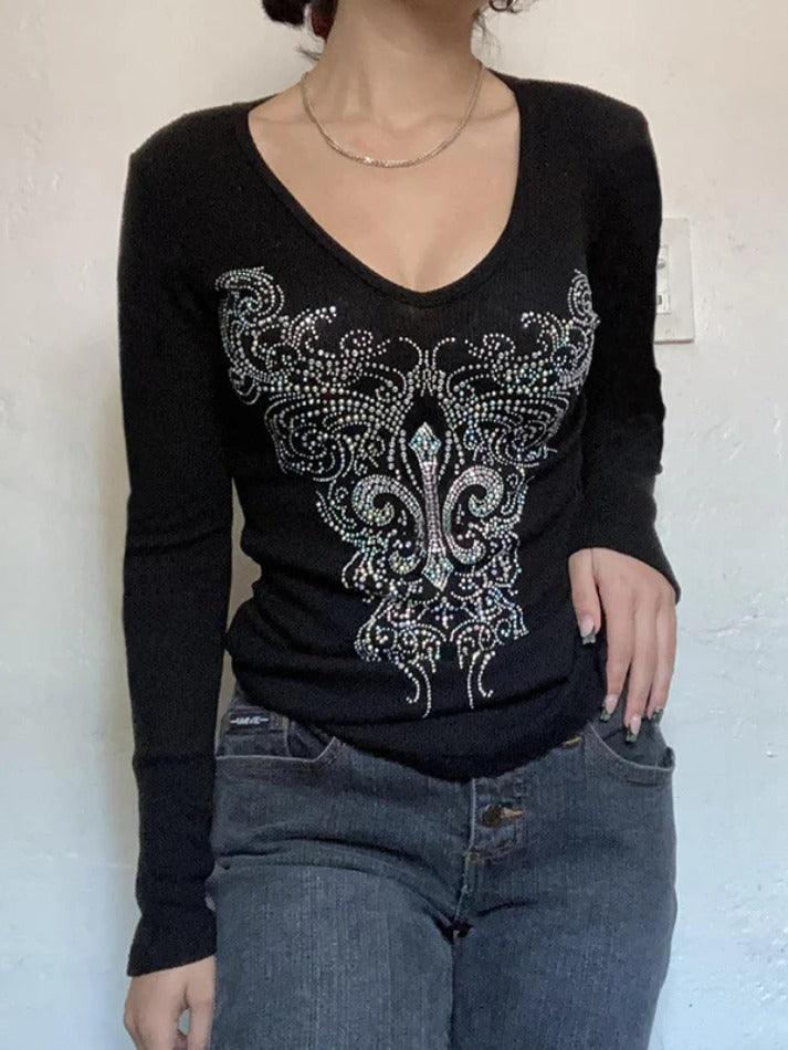 Gothic Rhinestone Print V Neck Long Sleeve Tee - AnotherChill