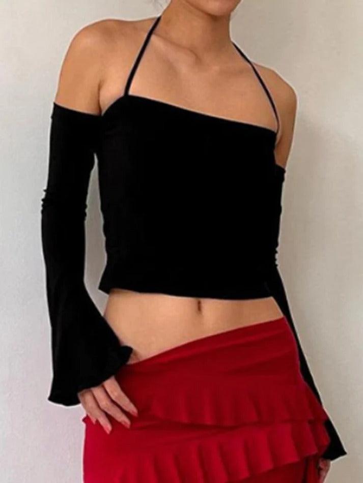 Solid Halter Off Shoulder Long Sleeve Tee - AnotherChill