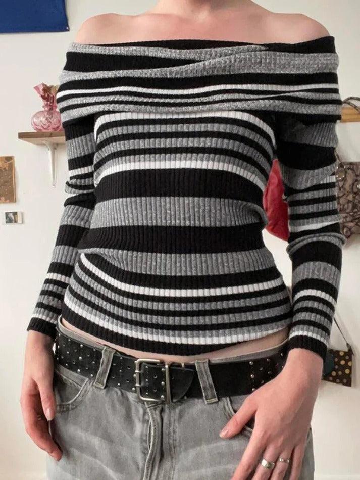 Contrast Color Striped Off Shoulder Slim Sweater - AnotherChill