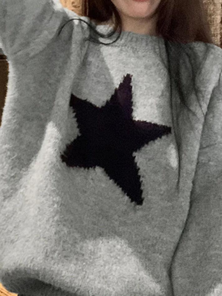 Vintage Star Jacquard Crew Neck Sweater - AnotherChill