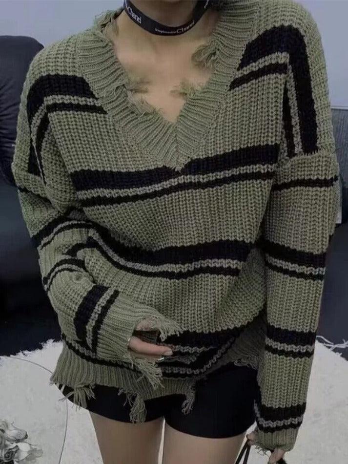 Striped V Neck Frayed Tassel Knit Sweater - AnotherChill