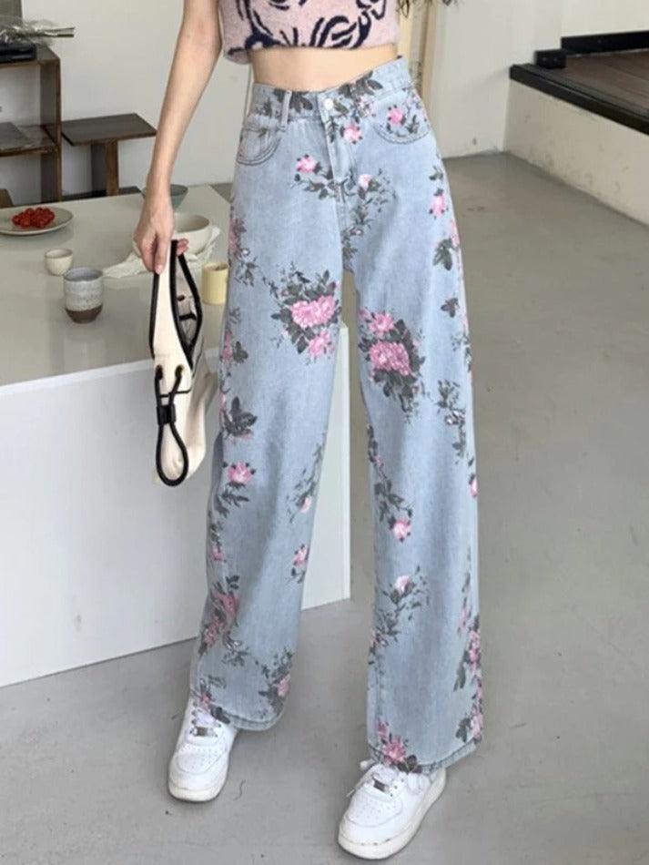 Washed Floral Print Boyfriend Jeans - AnotherChill