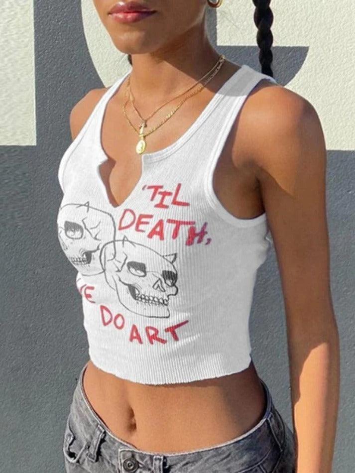 Skull Ribbed Cropped Tank Top - AnotherChill