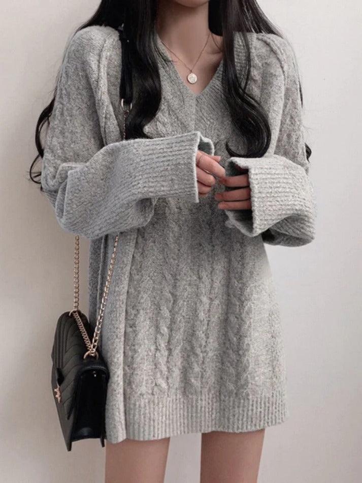 Solid Color V Neck Cable Knit Sweater - AnotherChill