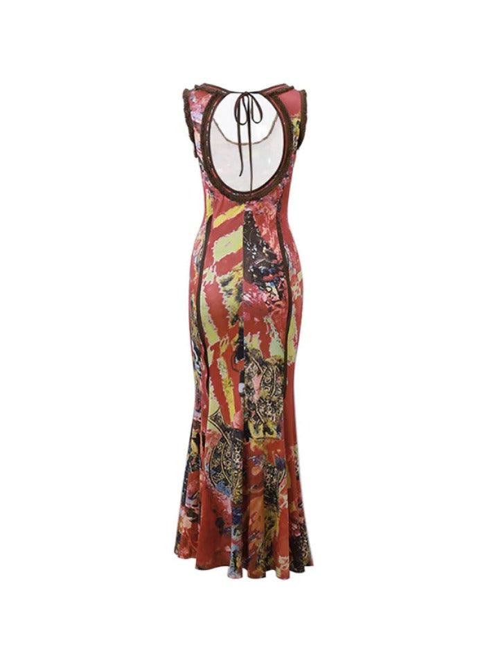 Vintage Random Print U Neck Backless Maxi Dress - AnotherChill