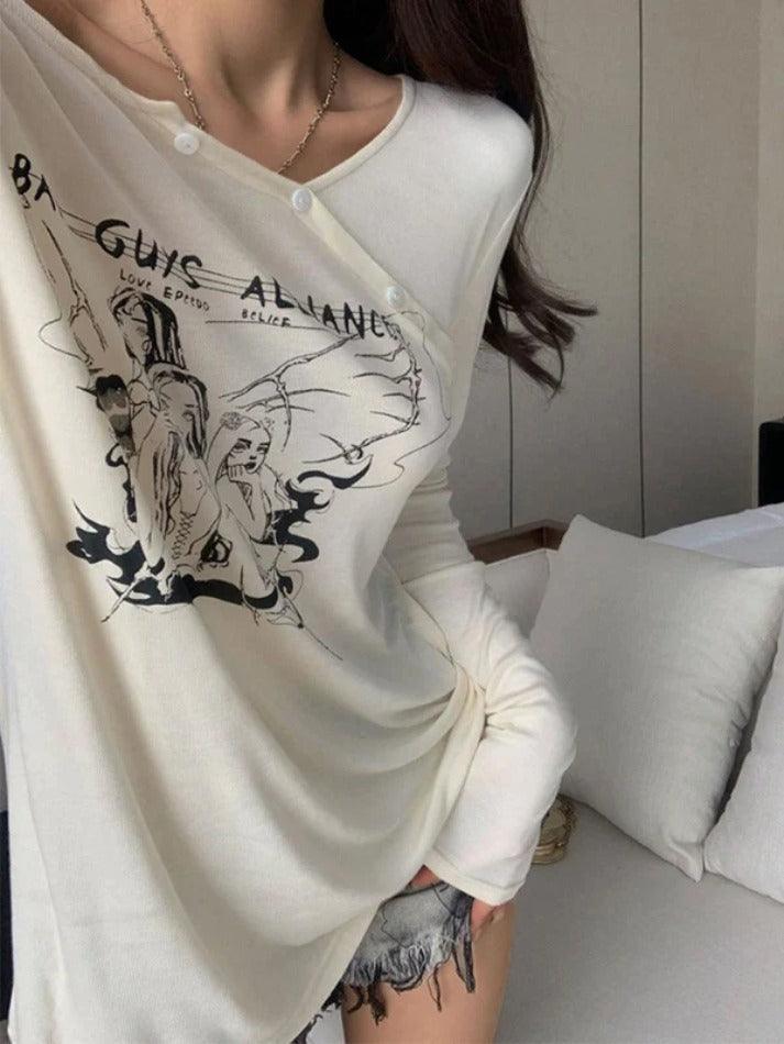 Anime Print Slanted Shoulder Oversized Long Sleeve Tee - AnotherChill