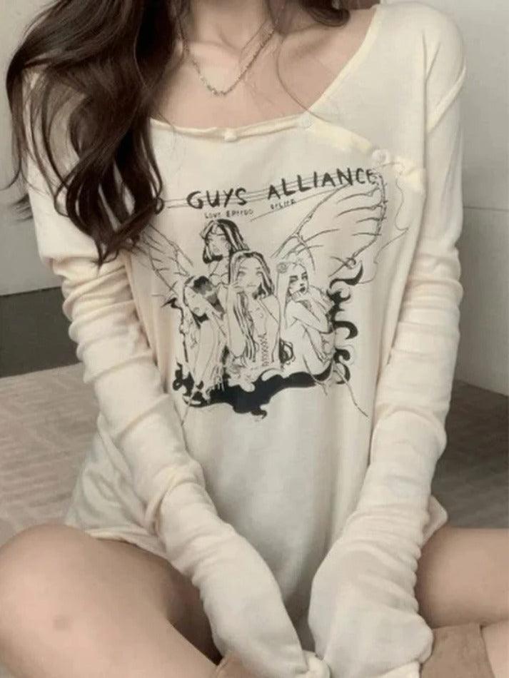 Anime Print Slanted Shoulder Oversized Long Sleeve Tee - AnotherChill