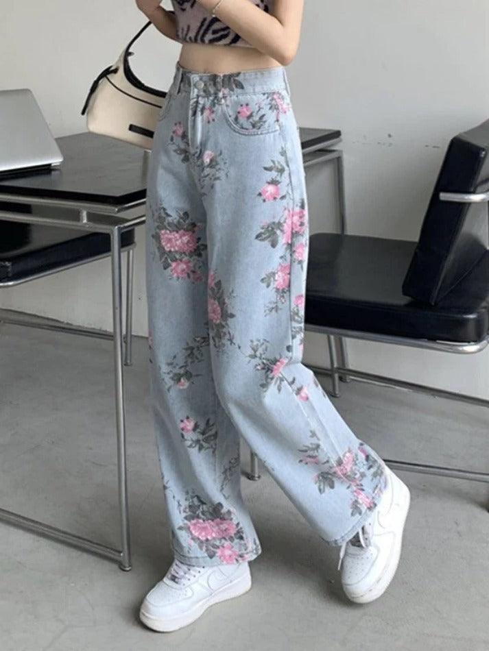 Washed Floral Print Boyfriend Jeans - AnotherChill