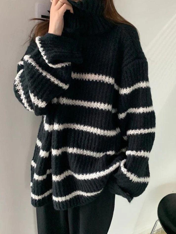 Turtleneck Striped Knit Sweater - AnotherChill