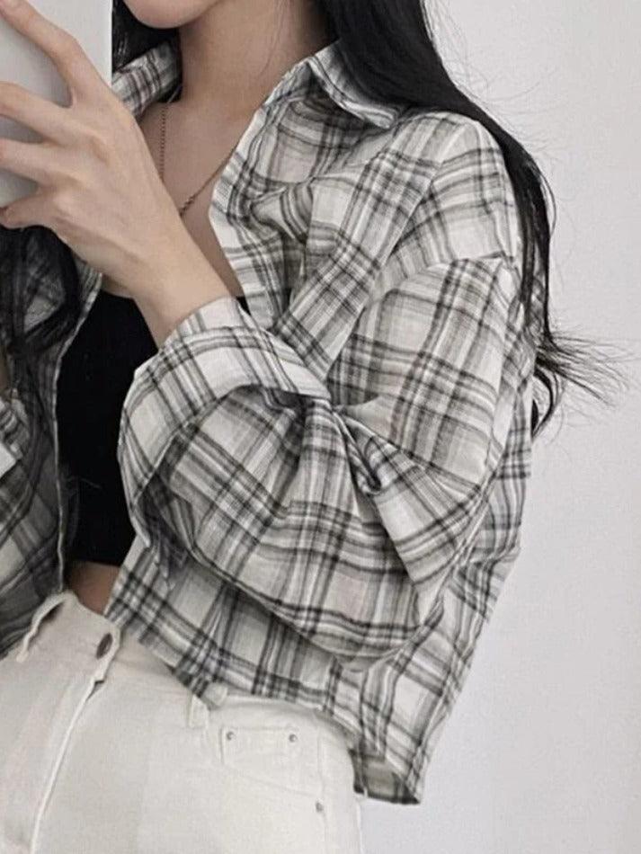 Vintage Plaid Short Loose Long Sleeve Blouse - AnotherChill