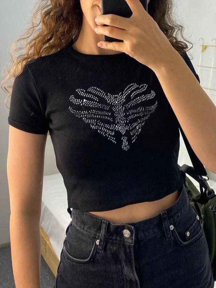 Heart Rhinestone Print Cropped Short Sleeve Tee - AnotherChill