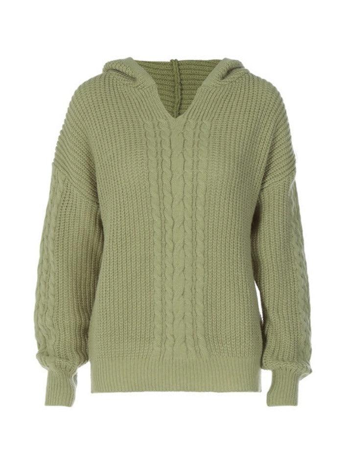 Solid Color Hooded Cable Knit Sweater - AnotherChill