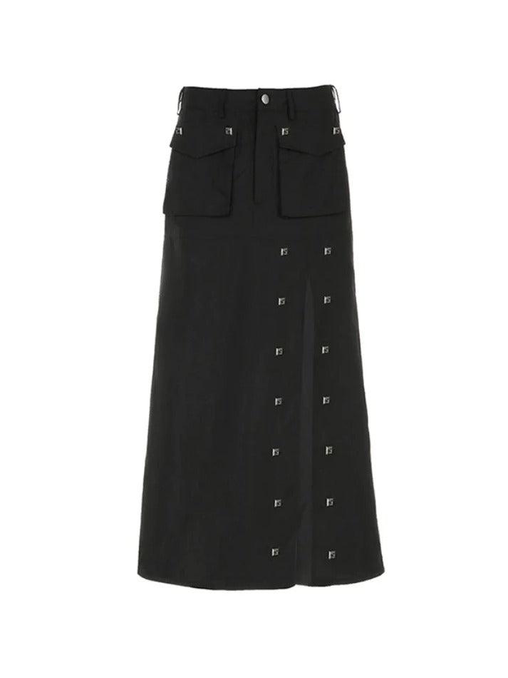 Punk Rivet Decor Big Slit Flap Pocket Maxi Skirt - AnotherChill