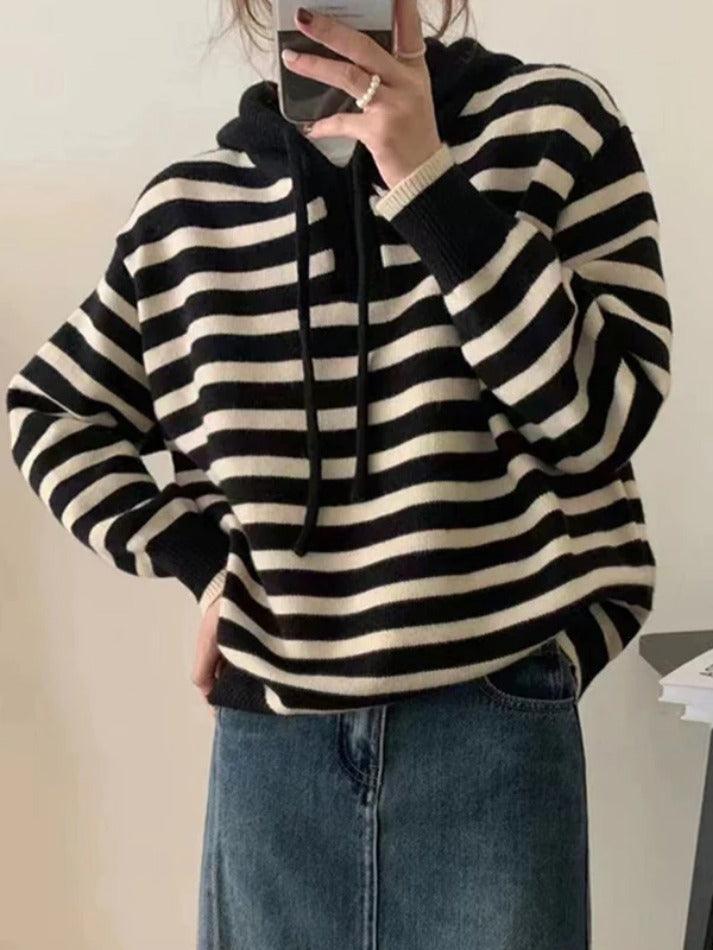 Vintage Contrast Color Striped Hooded Knit Sweater - AnotherChill