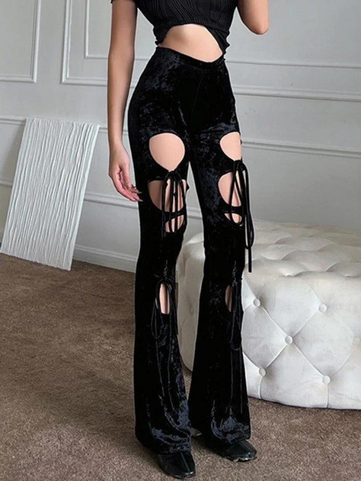 Lace Up Cutout Velvet Flare Leg Pants - AnotherChill