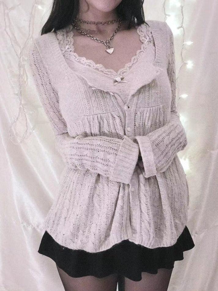 Solid Pointelle Square Neck Knit Cardigan - AnotherChill