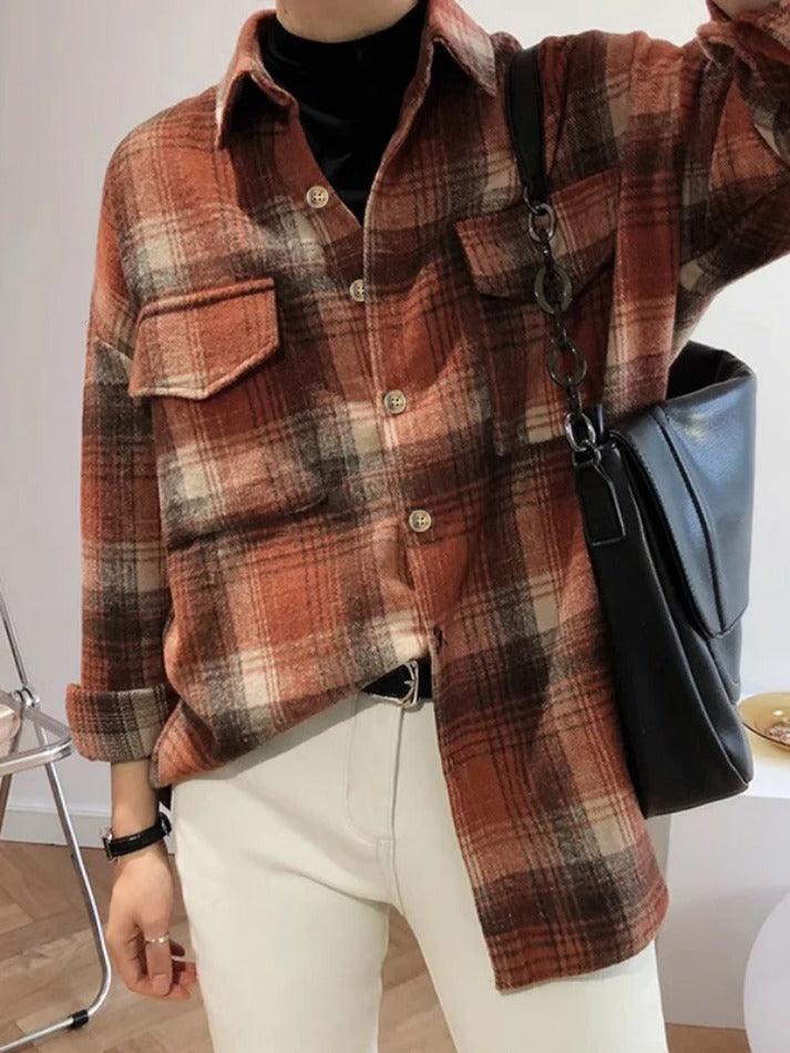 Vintage Plaid Brushed Long Sleeve Blouse - AnotherChill