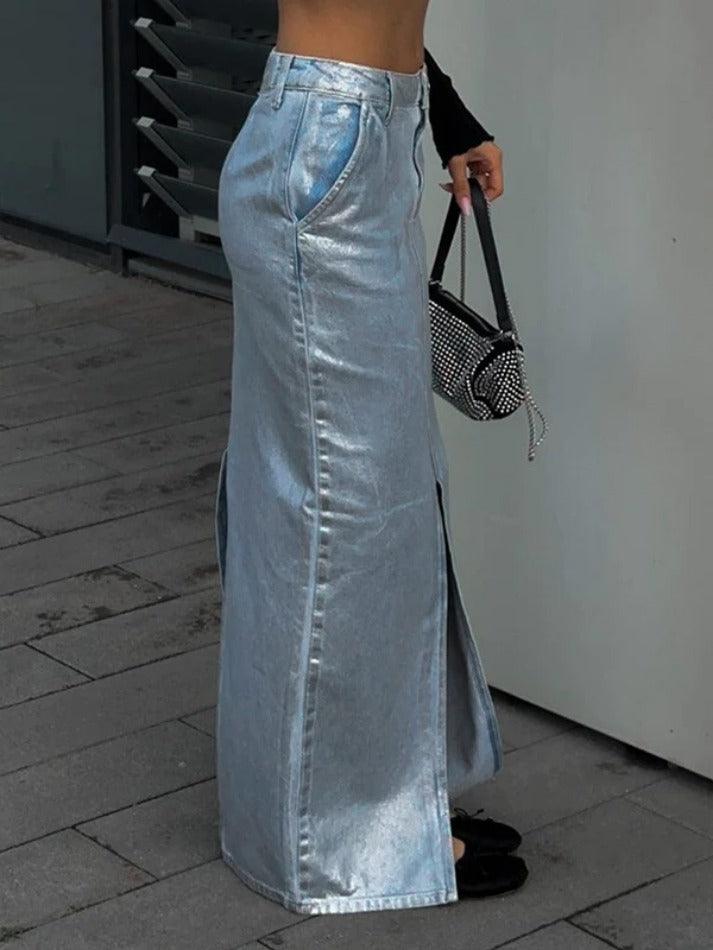 Reflective Split A-line Denim Maxi Skirt - AnotherChill