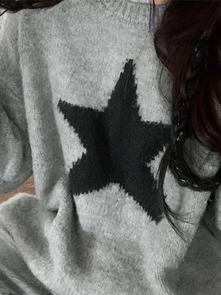 Vintage Star Jacquard Crew Neck Sweater - AnotherChill