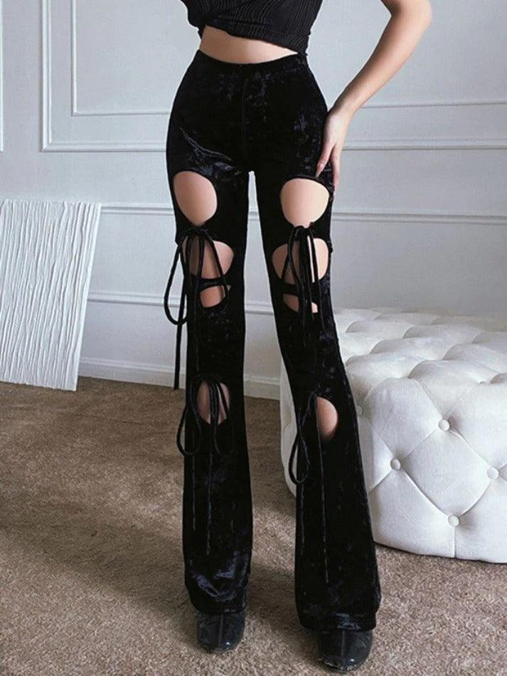 Lace Up Cutout Velvet Flare Leg Pants - AnotherChill