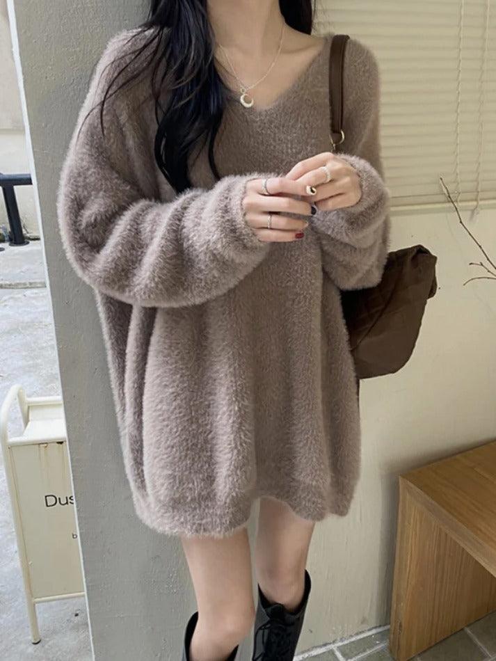 Solid V Neck Fuzzy Loose Sweater - AnotherChill