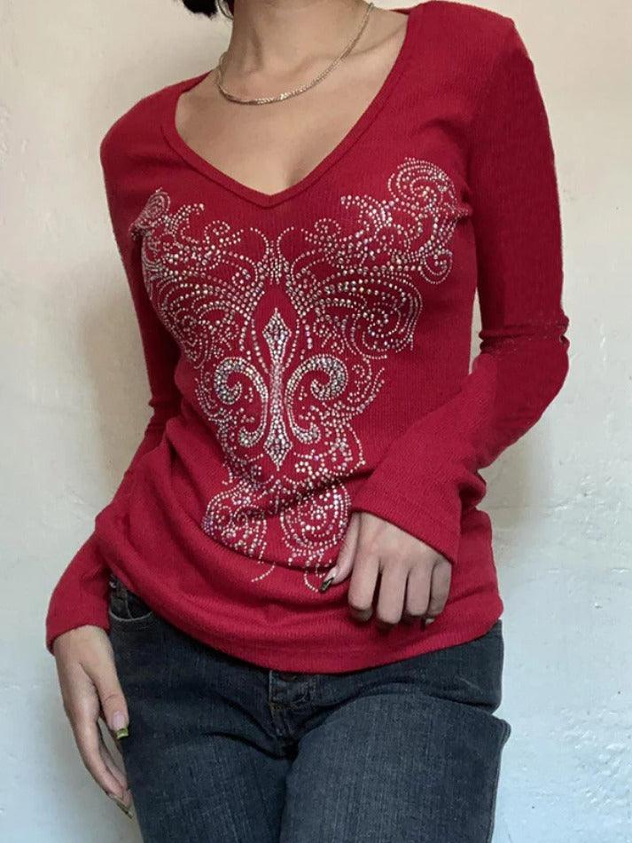 Gothic Rhinestone Print V Neck Long Sleeve Tee - AnotherChill