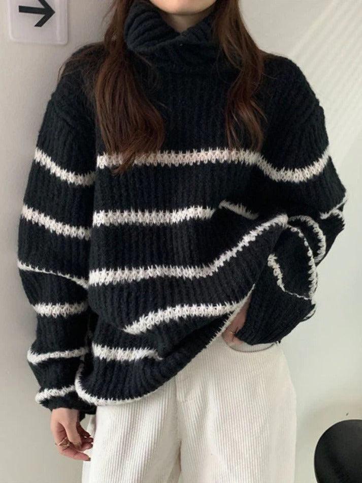 Turtleneck Striped Knit Sweater - AnotherChill