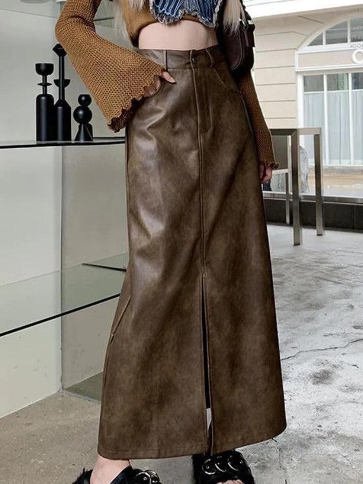 Vintage Brown High Rise Split PU Leather Midi Skirt - AnotherChill