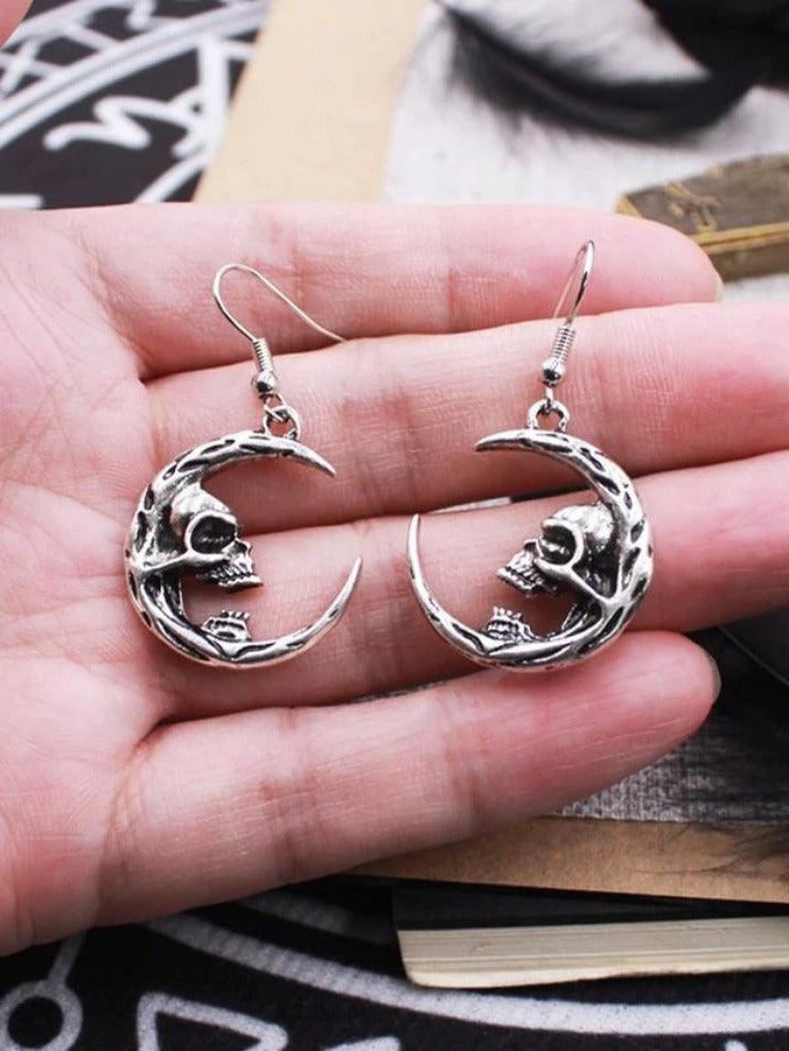 Gothic Punk Skull Crescent Moon Drop Earrings - AnotherChill