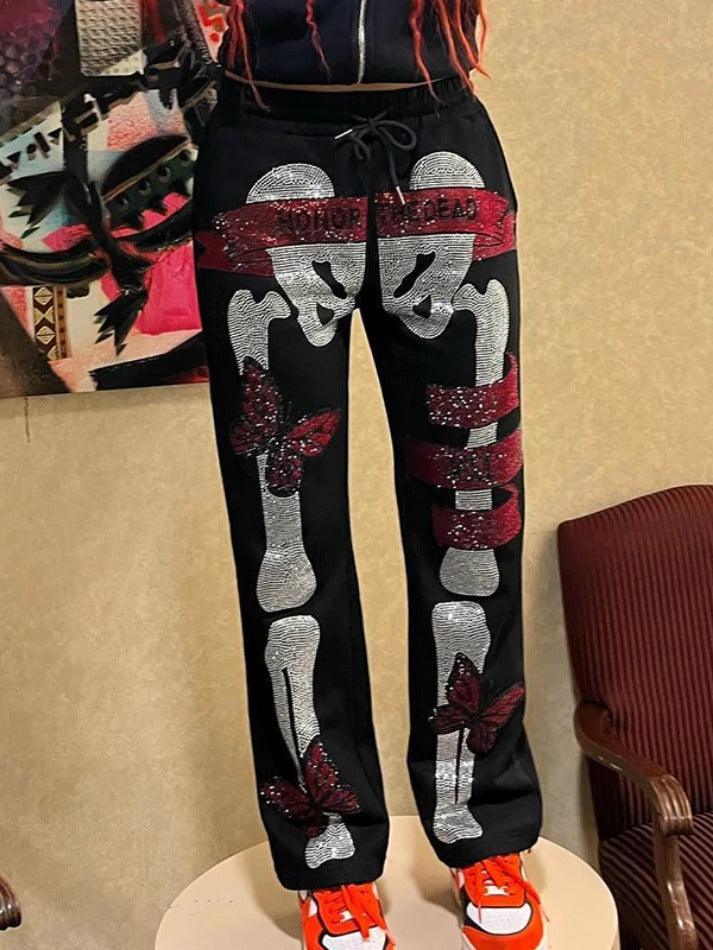 Gothic Skull Rhinestone Print Sweatpants - AnotherChill