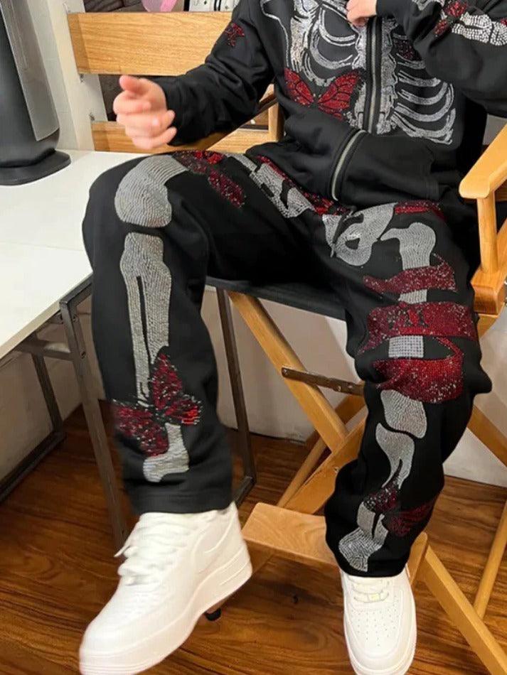 Gothic Skull Rhinestone Print Sweatpants - AnotherChill