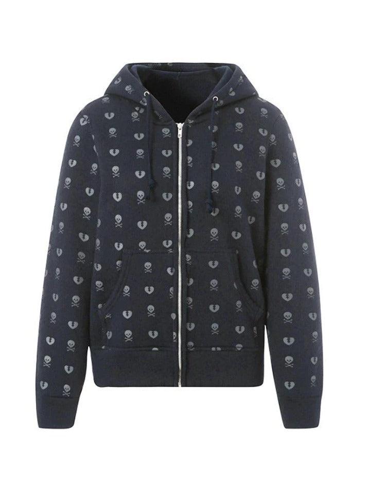 Lined Detail Skull Heart Zip Up Hoodie - AnotherChill