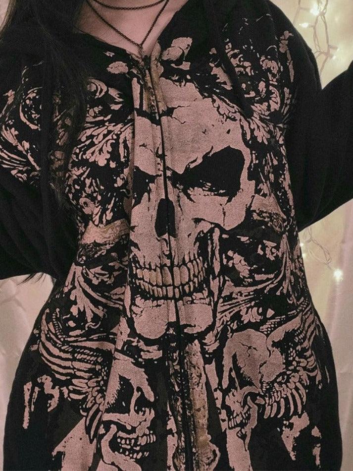 Skull Print Zip Up Oversized Hoodie - AnotherChill