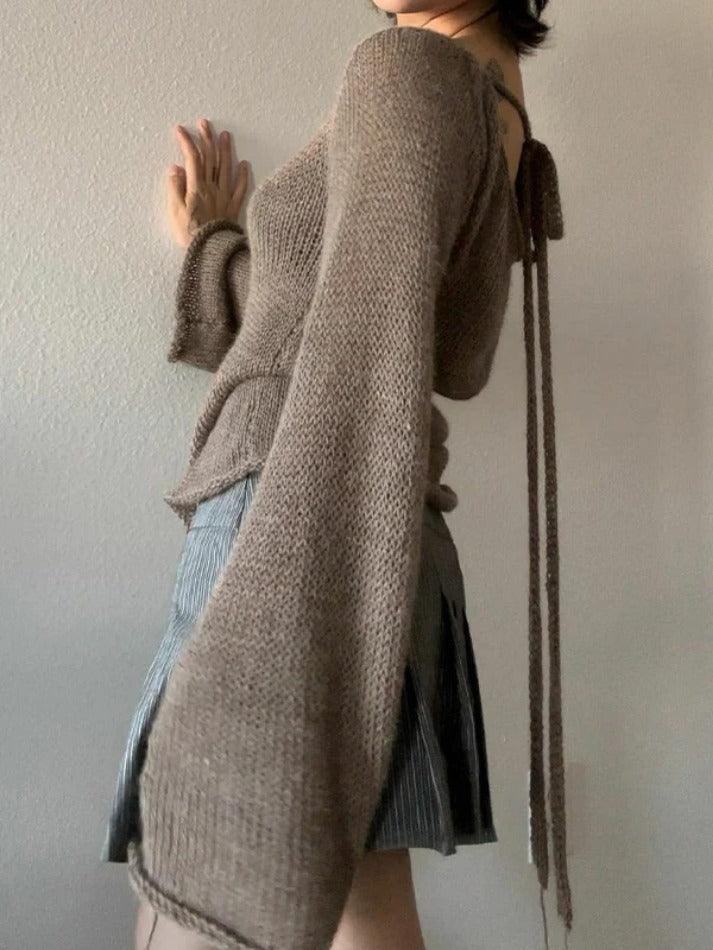 Solid Color Backless Lace Up Long Sleeve Knit - AnotherChill