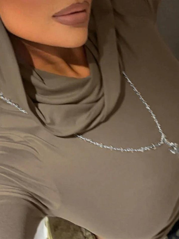 Solid Color Pleated Hooded Crop Long Sleeve Tee - AnotherChill
