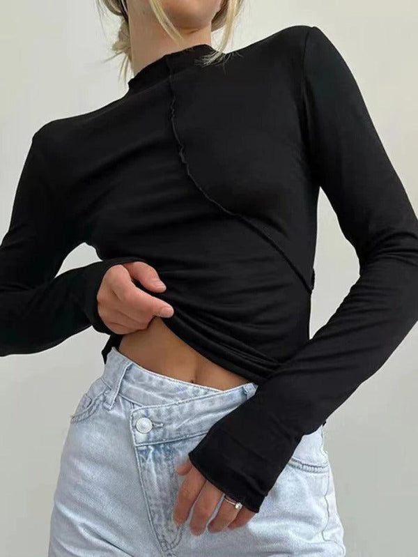 Solid Color Splice Mock Neck Long Sleeve Tee - AnotherChill