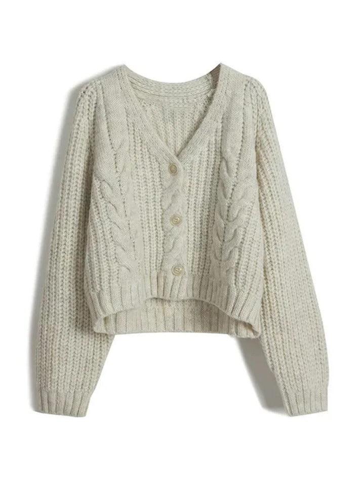 Solid V Neck Cable Knit Cardigan - AnotherChill